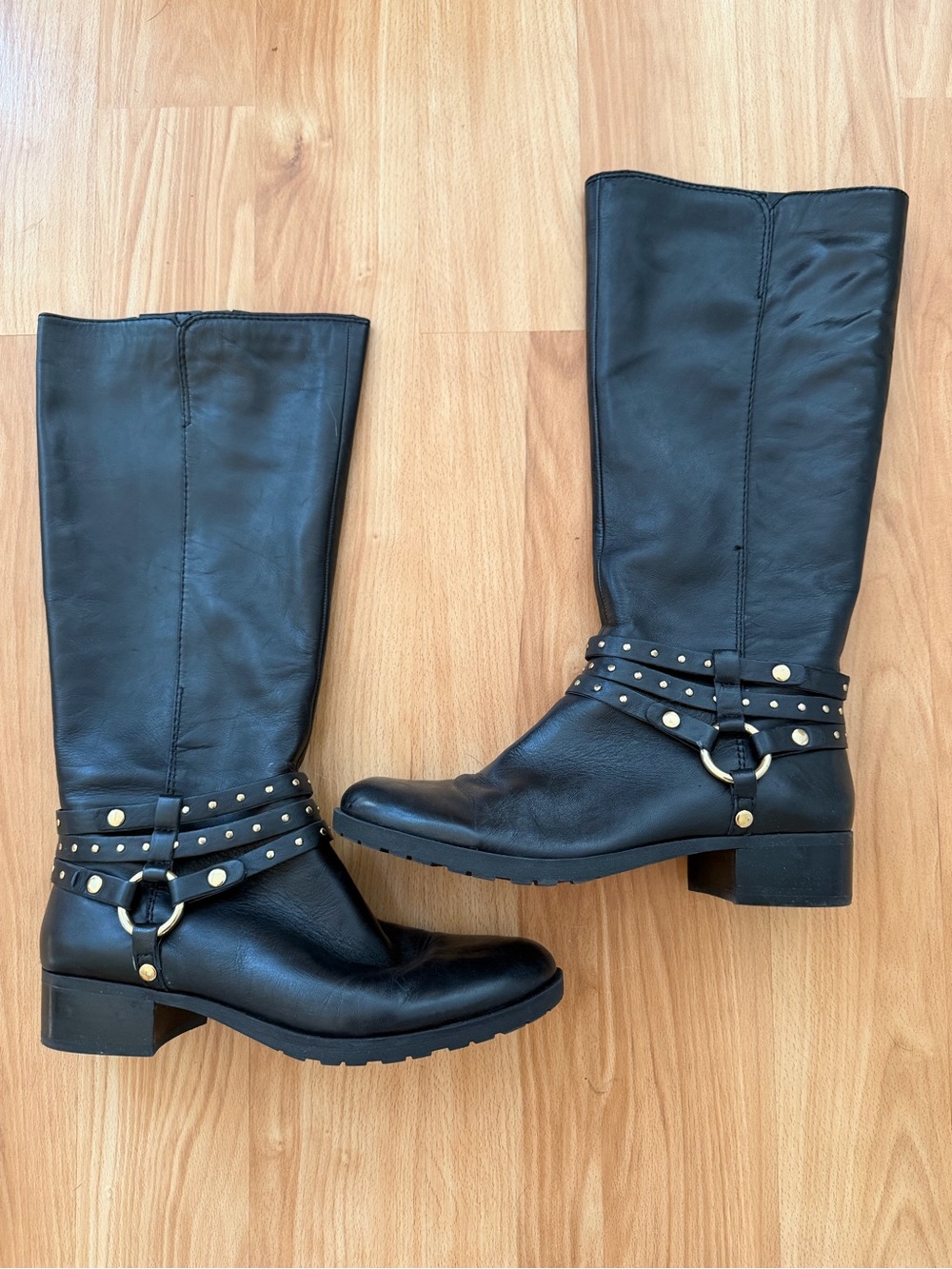 Nine West Black Leather Studded Harness Boots